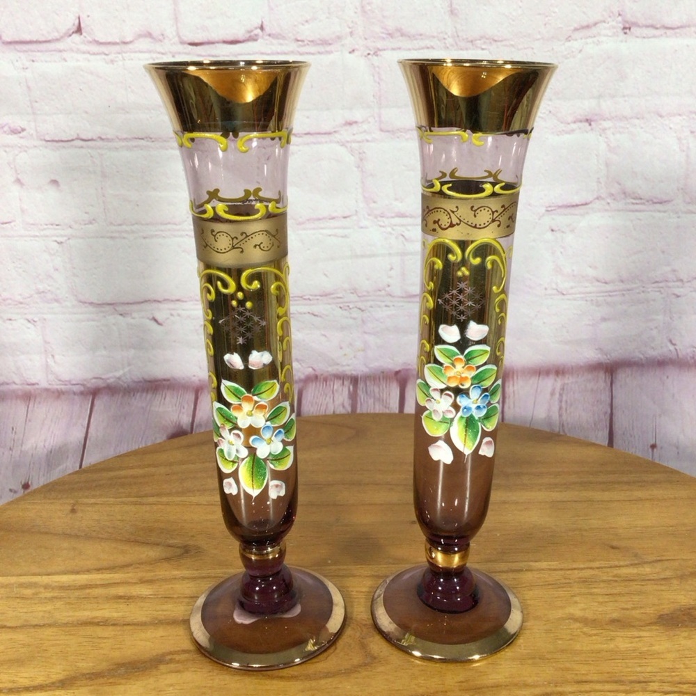 Vintage Norcrest Purple Amethyst Hand Painted Glass Vase Pair